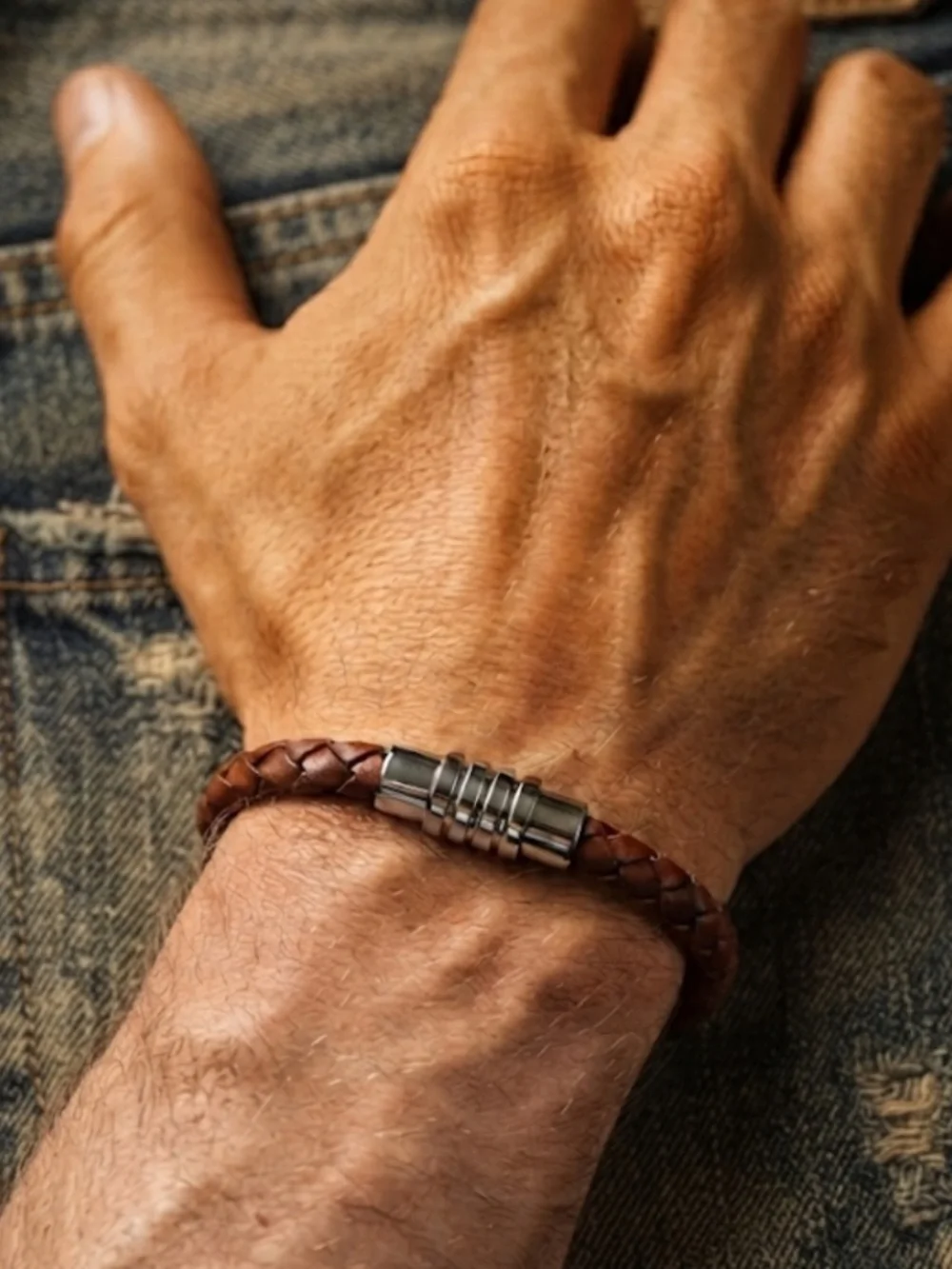 NEW Mens Bracelet Leather Braided 6mm Steel Magnetic Closure 8.5